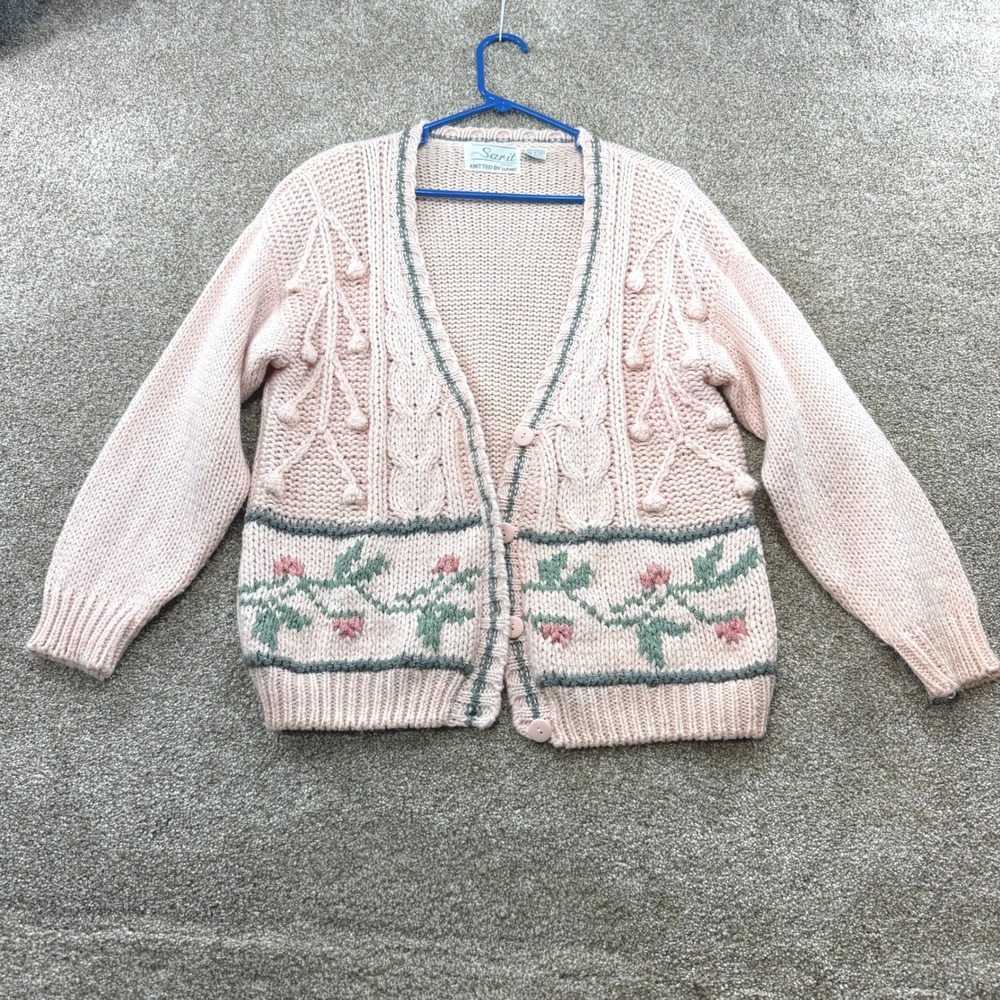 Sarit Hand Knitted Pink Floral Cable Knit Cardigan Sweater Large VTG Cottagecore